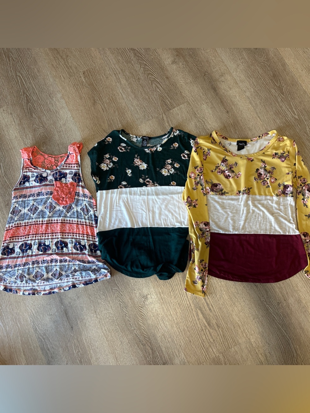 Rue21 Yellow Floral Colorblock Long Sleeve Tank and Green Floral Tank Trio